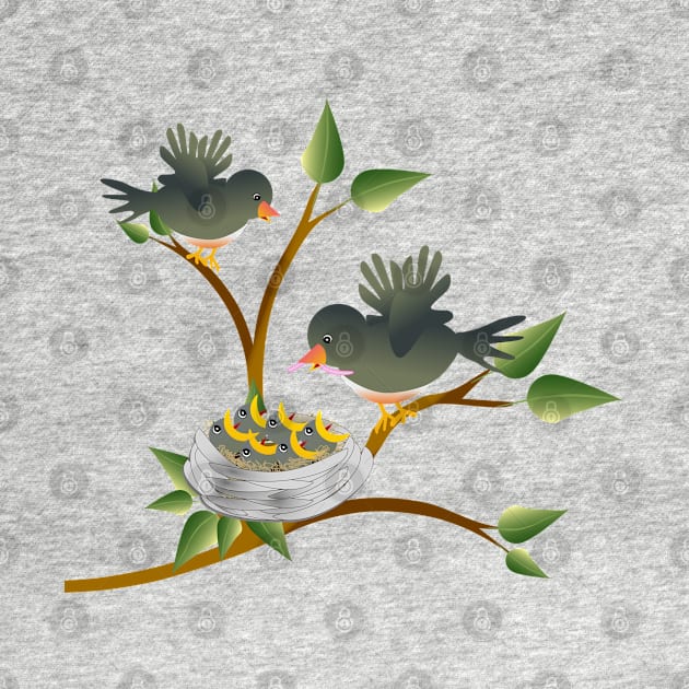 Bird with a worm perched on a tree with nest with young nestlings chirping for food. by ikshvaku